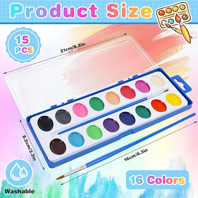15 Pack Watercolor Paint Set for Kids, 16 Colors Washable Water Colors with Paint Brushes, Washable for Classroom Party Favor Art Activities-BubblyBeeBaby