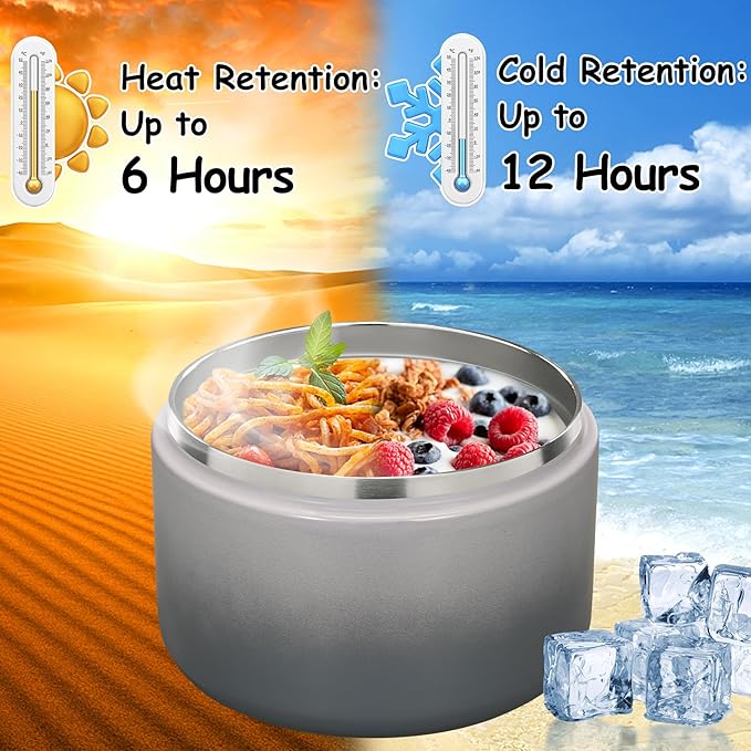 12oz Insulated Vacuum Food Jar with Buckle Lid Wide Mouth Soup Thermo for Hot Food Kids Leakproof Stainless Steel Lunch Container (Gradient Grey, 12OZ)-BubblyBeeBaby