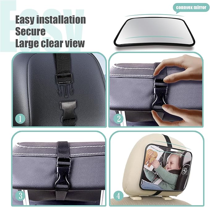 Baby Car Mirror, Universal Fit, Headrest Mount, Shatterproof, Stable, Easy Install, Compatible with Most Cars & SUVs-BubblyBeeBaby