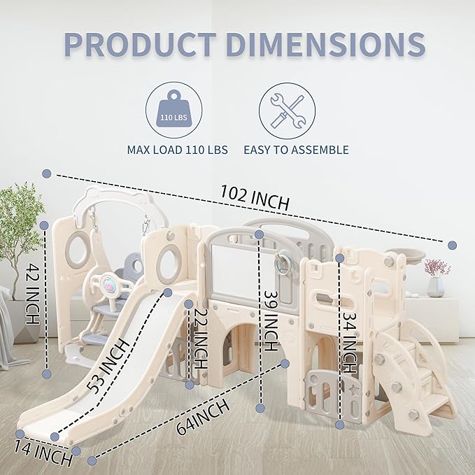 12 in 1 Toddler Outdoor Playset with Swing, Indoor Swing and Slide Set Playground for Toddlers 1-3, Durable Climber Basketball Hoop Ball Toddler Indoor Playset for Home Playground-White Grey-BubblyBeeBaby