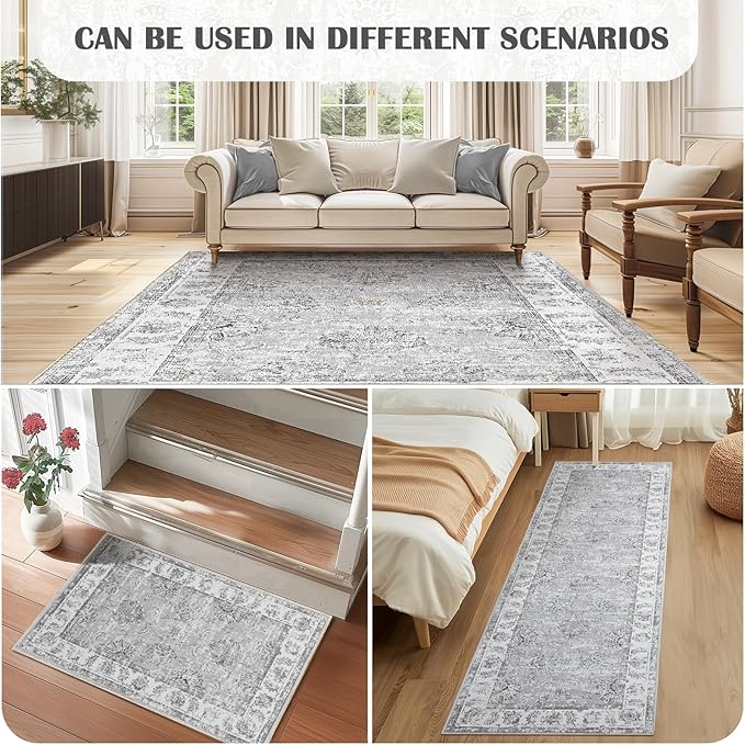 jinchan Runner Rug 3x10-2pcs Kitchen Washable Vintage Hallway Rug Floral Print Floor Cover Indoor Thin Retro Mat Accent for Bathroom Laundry Room Bedroom Office Farmhouse (Double,Grey)-BubblyBeeBaby