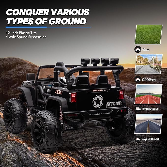 24V 9Ah Ride on Toy for Big Kids, 4WD 2 Seater Ride on Car Truck with Remote Control, 4x200W Motor - Black-BubblyBeeBaby