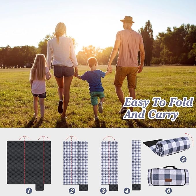 HX&OD Outdoor Picnic Blanket, Extra Large, 80''x80'' Waterproof Foldable Blankets Gingham Picnic Mat for Beach, Camping Grass Lawn Park Accessories Cute Couple Ideas Wedding (Gray, 80”x80”)-BubblyBeeBaby