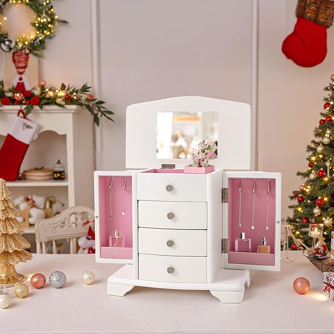 Jewelry Box,White Wooden Jewelry Box With Top Mirror, Jewelry Organizer Wooden Is Suitable For Storing Rings,Bracelets,Necklaces Etc-BubblyBeeBaby