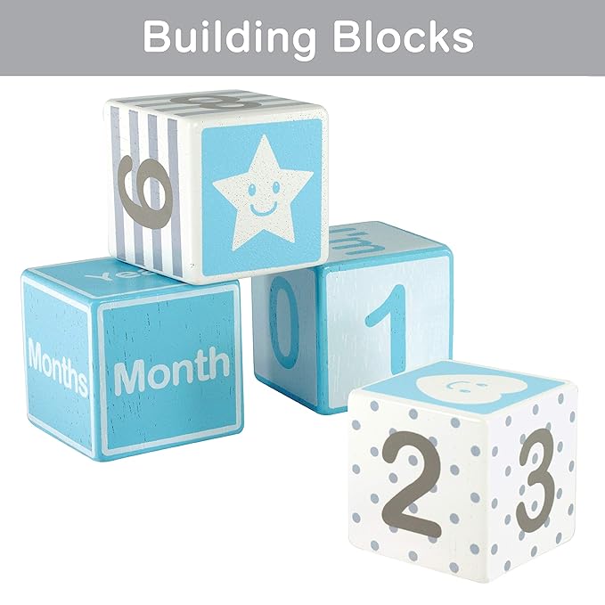 I'm Solid Wood Monthly Weekly Yearly Milestone Age Blocks, Newborn Gifts & Keepsakes for Picture Props (4 Pcs/Blue)-BubblyBeeBaby