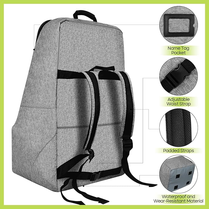 Padded Car Seat Travel Bag for Airplane, Heavy Duty Backpack for Air Travel, Water-Resistant Carrier with Shoulder Strap, Fits Most Car Seats (Grey)-BubblyBeeBaby