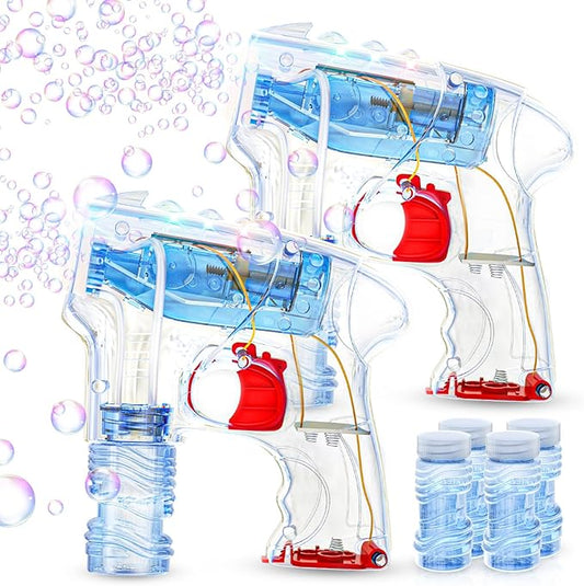 Kid Odyssey 2 Pack Bubble Gun with 4 Refill Solution and 3 Colorful LED Light, Bubble Machine for Kids, Bubble Maker for Party Favors, Birthday Gift, Indoor Outdoor Toys for Toddlers-BubblyBeeBaby