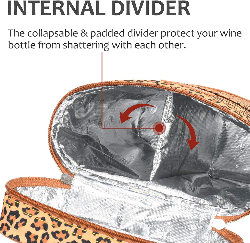Tirrinia 2 Bottle Wine Gift Tote Carrier - Leakproof & Insulated Padded Versatile Wine Cooler Bag for Travel, BYOB Restaurant, Wine Tasting, Party, Dinner,Gift for Wine Lovers, Cheetah