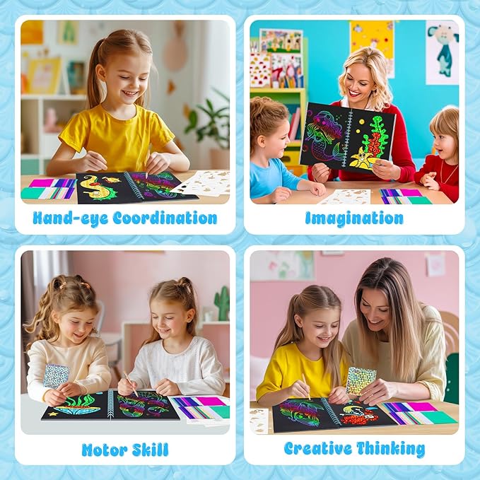 homicozy Art & Craft Activity for Kids - Foil Fun Mermaids & Scratch Art Book 2-in-1, No Mess Art Crafts for Girls,DIY Creative Activity Kit,Gifts for Girls Ages 4, 5, 6, 7, 8, 9, Travel Toys-BubblyBeeBaby