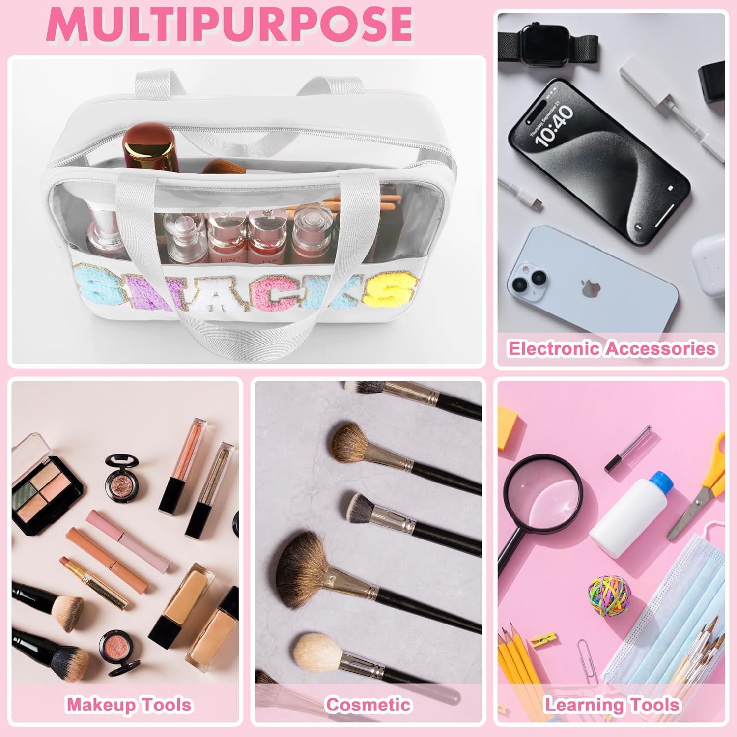 Snack Bag for Travel - Chenille Letter Clear Makeup Bag, Large Preppy Patch Snack Cosmetic Bag with Handle and Zipper, Cute Makeup Pouch Nylon&PVC Waterproof Toiletry Organizer Storage for Women Girls