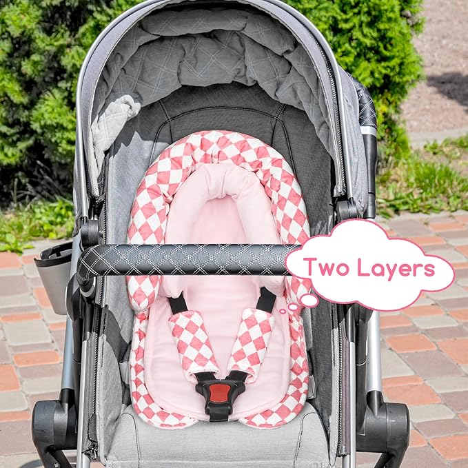 Baby Car Seat Head Support for Newborn, GFU 2 in 1 Infant Car Seat Head Body Support with Strap Pads, Soft Stroller Cushion Pillow Insert for Girls, Fits for Stroller, Swing, Pink-BubblyBeeBaby