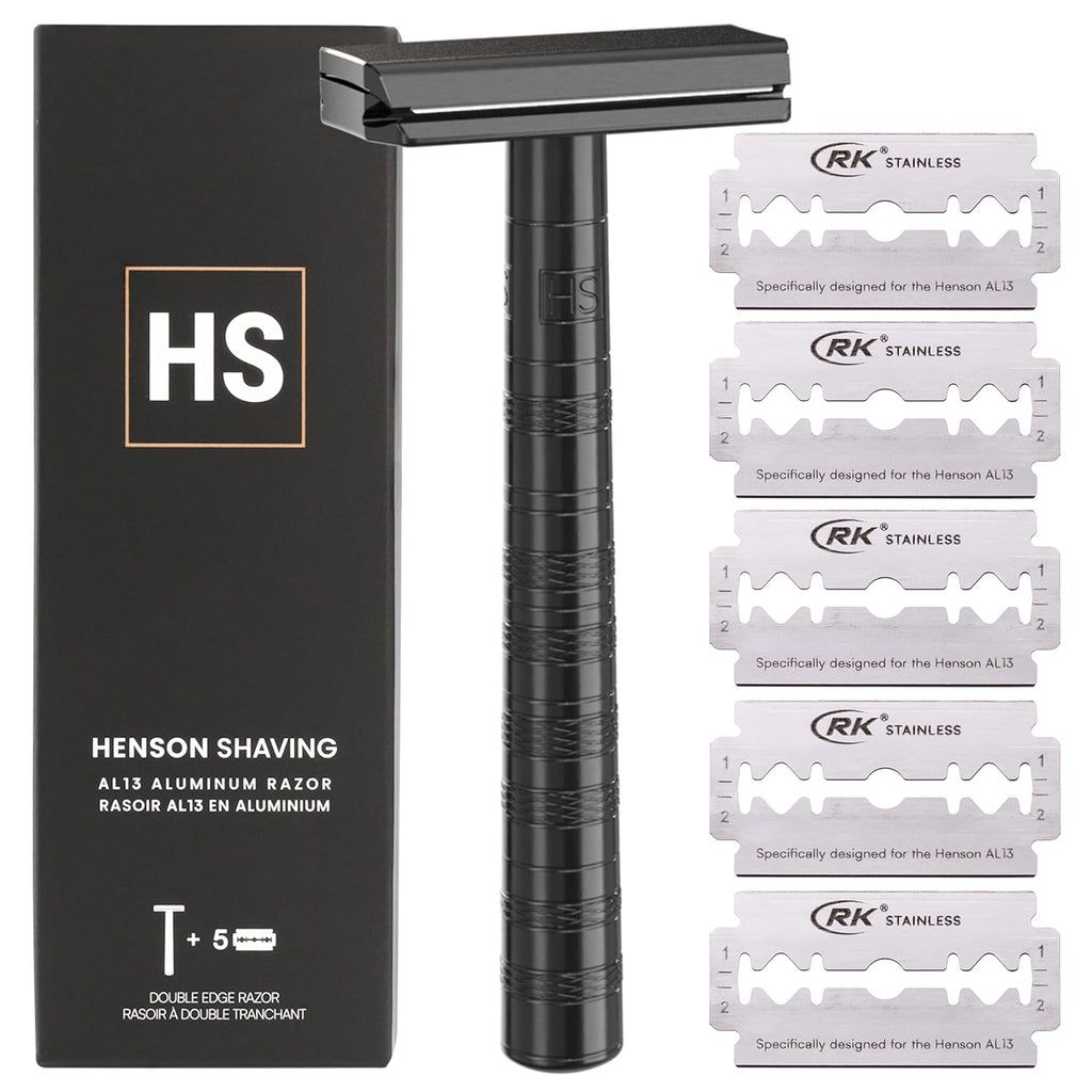 Henson Shaving Razor - Jet Black Double Edge Safety Razor with 5 Spare Blades - 30° Angled Precision With Superior Blade Rigidity- Reusable Single Blade Razors For Men and Women - Mild Aggression