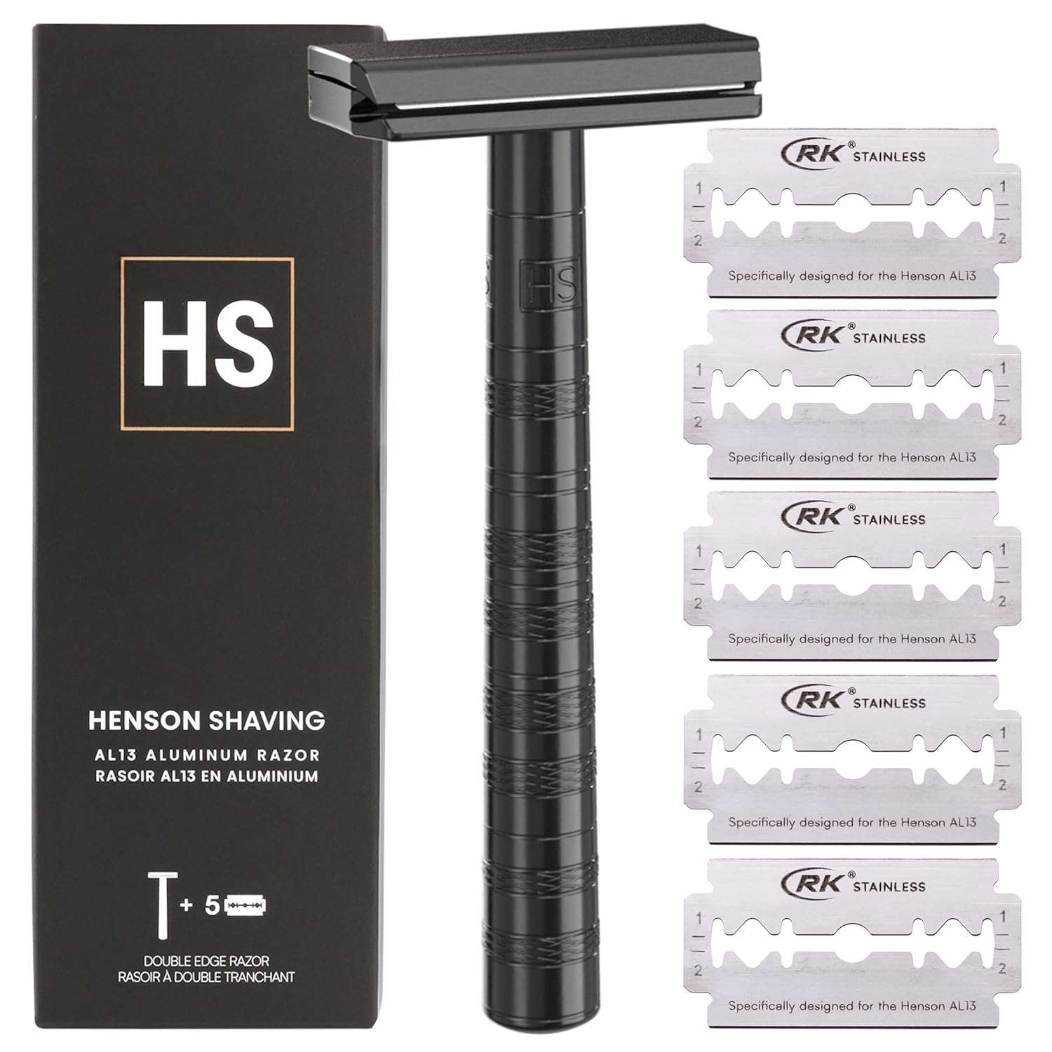 Henson Shaving Razor - Jet Black Double Edge Safety Razor with 5 Spare Blades - 30° Angled Precision With Superior Blade Rigidity- Reusable Single Blade Razors For Men and Women - Mild Aggression