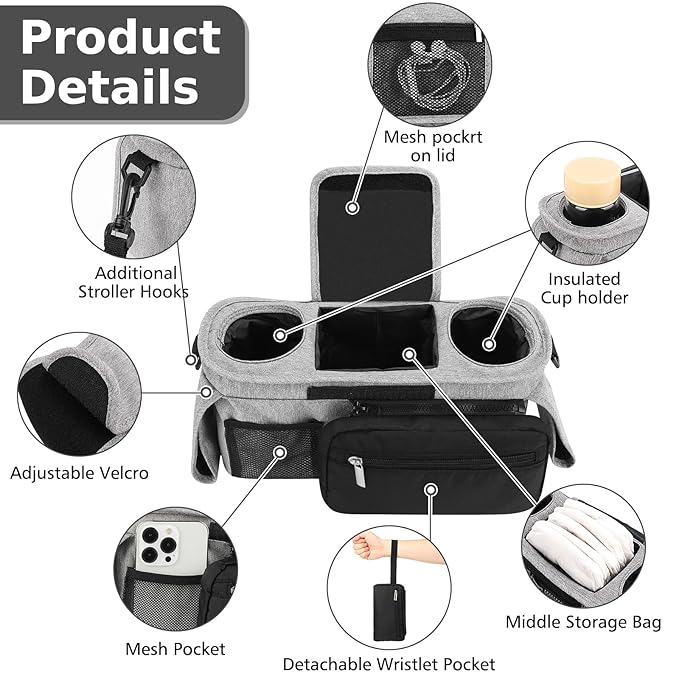 Accmor Universal Stroller Organizer with Insulated Cup Holder Detachable Phone Bag and Shoulder Strap,Stroller Bag Caddy Organizer Fits for Uppababy, Baby Jogger, Britax Strollers-BubblyBeeBaby