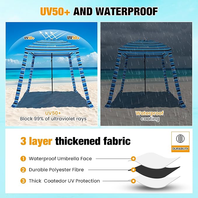 HOMEDEMO Beach Canopy UPF 50+, 6'×6', Easy Set up and Take Down Tent with Sand Pockets, Side Wall Shade Wind Waterproof for Kids, Family & Friends-BubblyBeeBaby