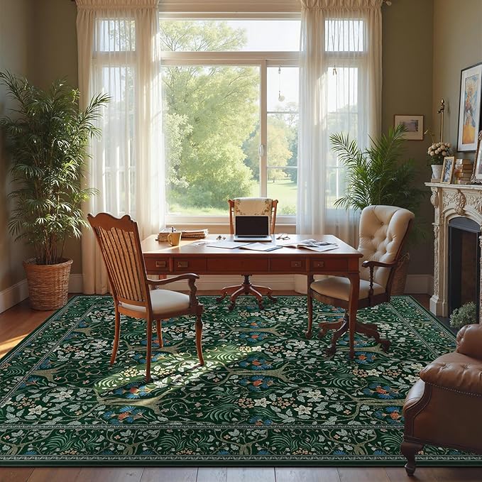 Joydeco Boho Floral 8x10 Area Rugs for Living Room, Washable Dark Green Rug Non Slip, Soft Large Low-Pile Botanical Forest Indoor Floor Throw Carpet for Bedroom Nursery Dining Office-BubblyBeeBaby