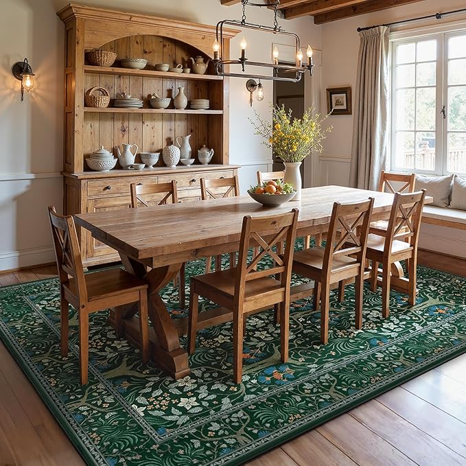 Joydeco Boho Floral 8x10 Area Rugs for Living Room, Washable Dark Green Rug Non Slip, Soft Large Low-Pile Botanical Forest Indoor Floor Throw Carpet for Bedroom Nursery Dining Office-BubblyBeeBaby