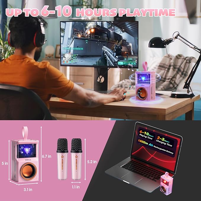 Karaoke Machine for Kids & Adults, Portable Bluetooth Mini Karaoke Speaker with 2 Wireless Microphone and Lights, Birthday Gifts for Girls & Boys, Toys for Girls, Family Home Party (Pink)-BubblyBeeBaby