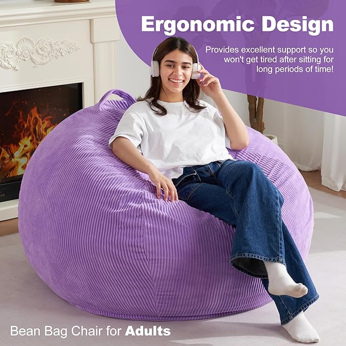 Homguava 3.5FT Bean Bag Chair: Teardrop Bean Bags with Memory Foam Filled, Compact Beanbag Chairs Soft Sofa with Corduroy Cover (Purple)-BubblyBeeBaby