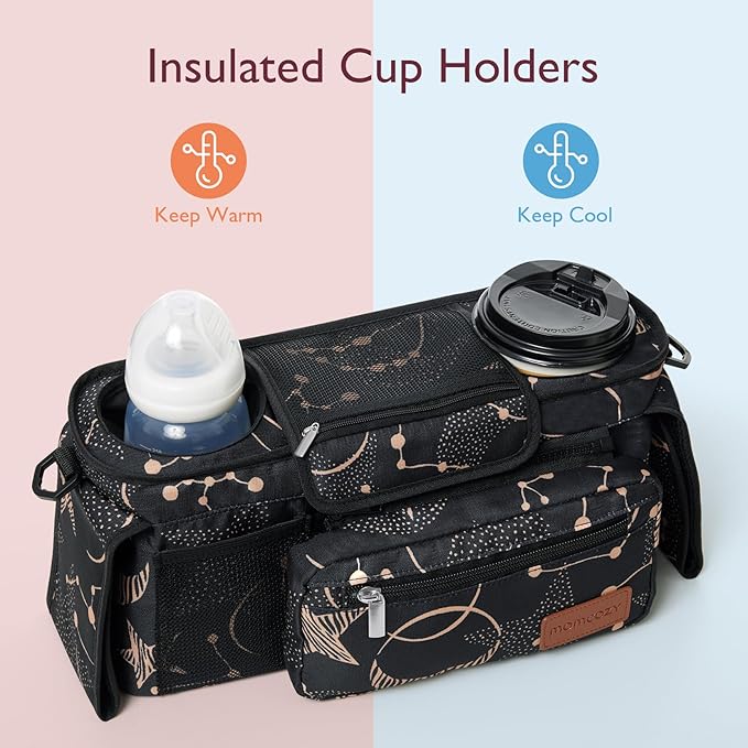 Momcozy Universal Stroller Organizer with Insulated Cup Holder Detachable Phone Bag & Shoulder Strap, Fits for Stroller like Uppababy, Baby Jogger, Britax, BOB, Umbrella and Pet Stroller-BubblyBeeBaby