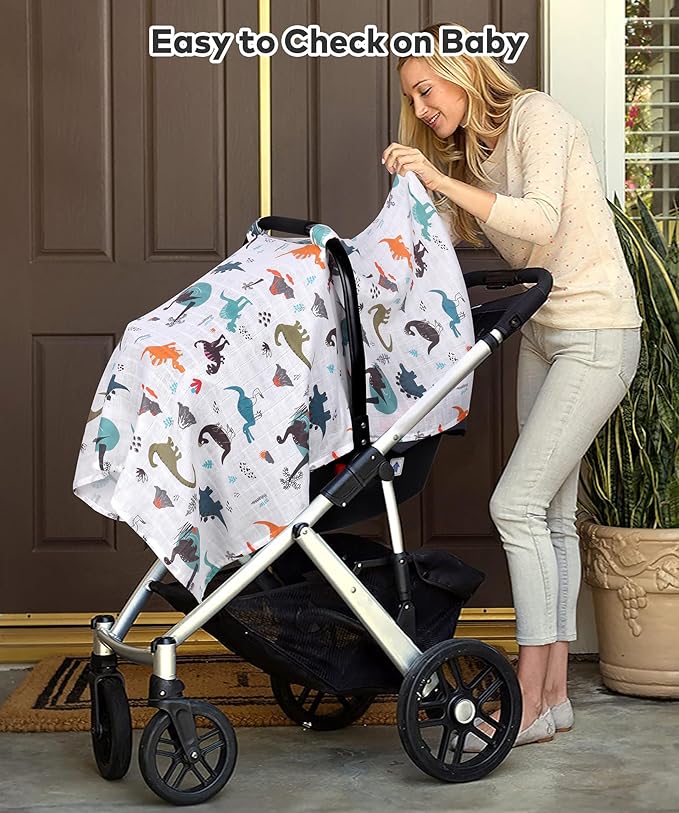 Rquite Muslin Car Seat Cover Baby, Carseat Covers Baby Boy Girl, Breathable Lightweight Infant Car Seat Cover, Baby Carrier Cover Car Seat Canopy Stroller Sun Shade for Summer & Hot Day, Universal Fit-BubblyBeeBaby