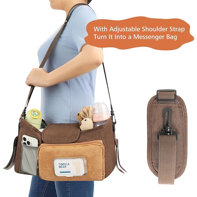 Accmor Universal Stroller Organizer with Insulated Cup Holder, Stroller Caddy Bag Accessories, Stroller Cup Holder Organizer for Uppababy Baby Jogger Britax Stroller, Brown-BubblyBeeBaby