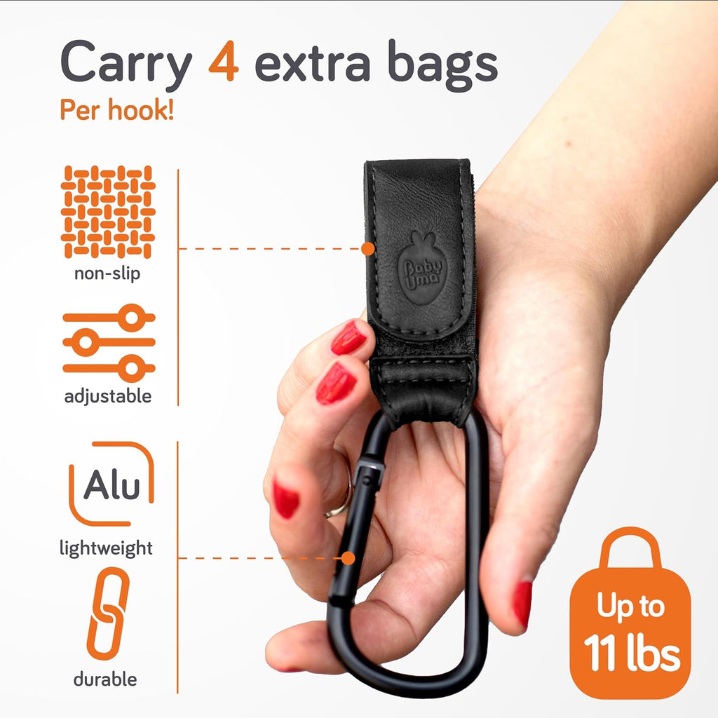 Baby Uma Stroller Hooks for Bags (2 Pack) - Faux-Leather Stroller Clips and Hooks, Universal, 11 lb Weight Capacity per Carabiner, Adjustable & Non-Slip, Baby Travel Essential (Black)