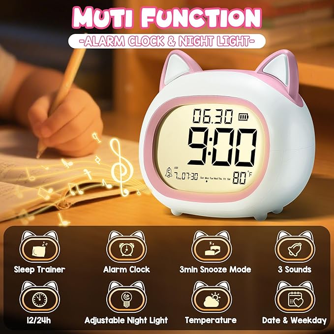 Kids Alarm Clock with Night Light for Kids, Small Digital Alarm Clocks for Bedrooms, Routine Builder, Cute Cat Alarm Clock with Sleep Training, Snooze, 12/24H, Date & Day, Temperature, USB Port-BubblyBeeBaby