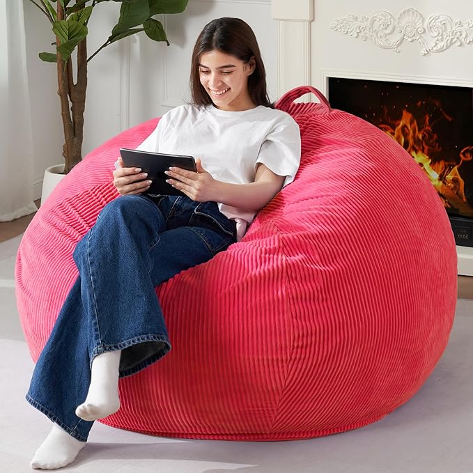 Homguava 3.5FT Bean Bag Chair: Teardrop Bean Bags with Memory Foam Filled, Compact Beanbag Chairs Soft Sofa with Corduroy Cover (Pink)-BubblyBeeBaby