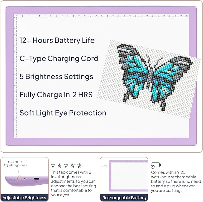 iVyne Rechargeable A4 Light Pad for Diamond Painting & Art Projects – LED Light Board with Diamond Art Accessories – Ultra-Thin & Portable Diamond Dot Light Board, Perfect for Artists - Purple-BubblyBeeBaby