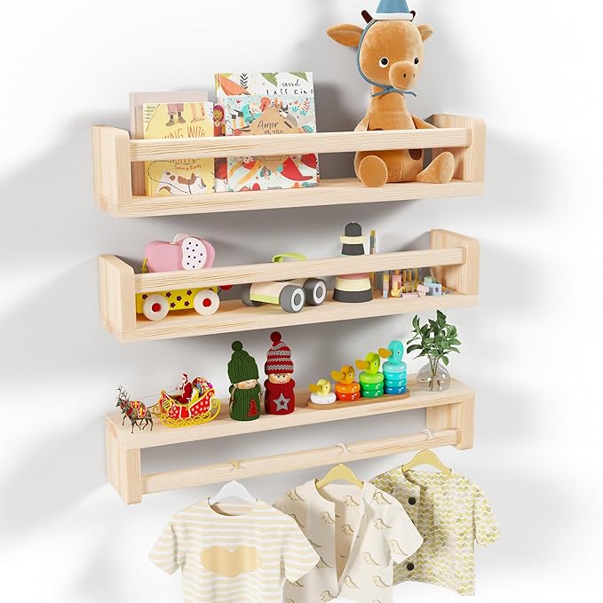 Heimlove Nursery Floating Shelves, Wood Nursery Book Shelves for Wall, 24 inch Wall Bookshelf for Kids Solid Wood for Books,Toys and Decor Storage, Set of 3-BubblyBeeBaby