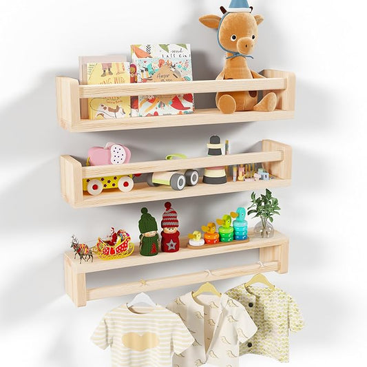 Heimlove Nursery Floating Shelves, Wood Nursery Book Shelves for Wall, 24 inch Wall Bookshelf for Kids Solid Wood for Books,Toys and Decor Storage, Set of 3-BubblyBeeBaby