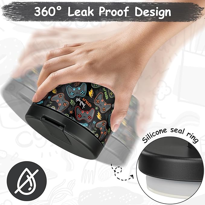 12oz Insulated Vacuum Food Jar with Buckle Lid Wide Mouth Soup Thermo for Hot Food Kids Leakproof Stainless Steel Lunch Container (Black-Game)-BubblyBeeBaby