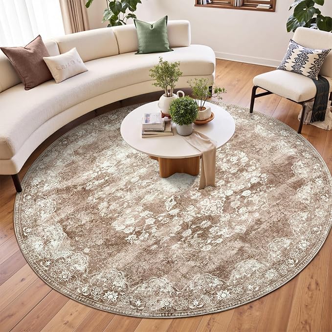 jinchan Round Rug 8ft Area Rug - Brown Vintage Floor Mat Kitchen Indoor - Washable Circle 8' Thin Floral Print Carpet Retro Farmhouse Non Slip Dining Room Living Room Bedroom Office-BubblyBeeBaby