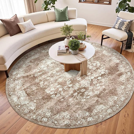 jinchan Round Rug 7ft Area Rug - Brown Vintage Floor Mat Kitchen Indoor - Washable Circle 7' Thin Floral Print Carpet Retro Farmhouse Non Slip Dining Room Living Room Bedroom Office-BubblyBeeBaby