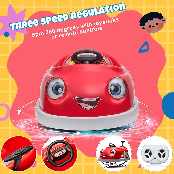 12V Dual Battery Electric Ride on Kids Bumper Car w/Remote Control,360 Degree Spin,Push Rod Rocker Horse Function,3-Speeds Babies & Toddlers Bumping Car Ride on Toy Gift for 1-4 Years Children (Red)-BubblyBeeBaby