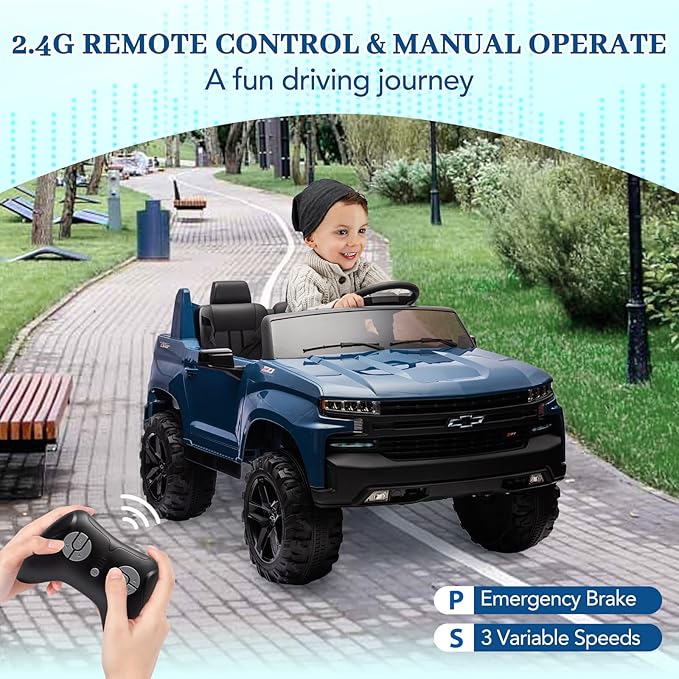 Hetoy 24V 2-Seater Truck Licensed Chevrolet Silverado Ride On Car Toy w/Parent Remote Control,4xSpring Suspension, 3 Speeds, Wireless Music, MP3 Player, Electric Vehicle Car for Kids, Blue-BubblyBeeBaby