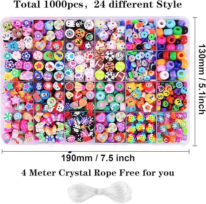 1000PCS Polymer Clay Beads Bracelet Making kit, 24 Style Cute Fun Beads Fruit Flower Animal Cake Butterfly Heart Beads Charms for Jewelry Necklace Earring Making DIY Accessories for Women Girls-BubblyBeeBaby