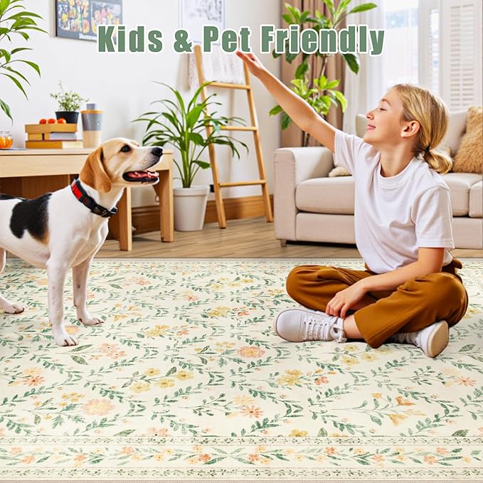 10x14 Area Rugs for Living Room: Floral Washable Rug Vintage Large Soft Boho Non-Slip Carpet Stain Resistant Low Pile Carpets for Bedroom Dining Room Farmhouse Nursery Hallway Home Office Beige/Multi-BubblyBeeBaby