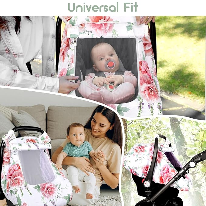 Baby Carseat Cover Girls, Pea Pod Floral Infant Car Seat Covers Canopy for Newborn with 2 Layers Windows of Breathable Mesh/Fabric, Lightweight Polyester/Minky Dot Backing, Snug Fit Most Baby Car Seat-BubblyBeeBaby