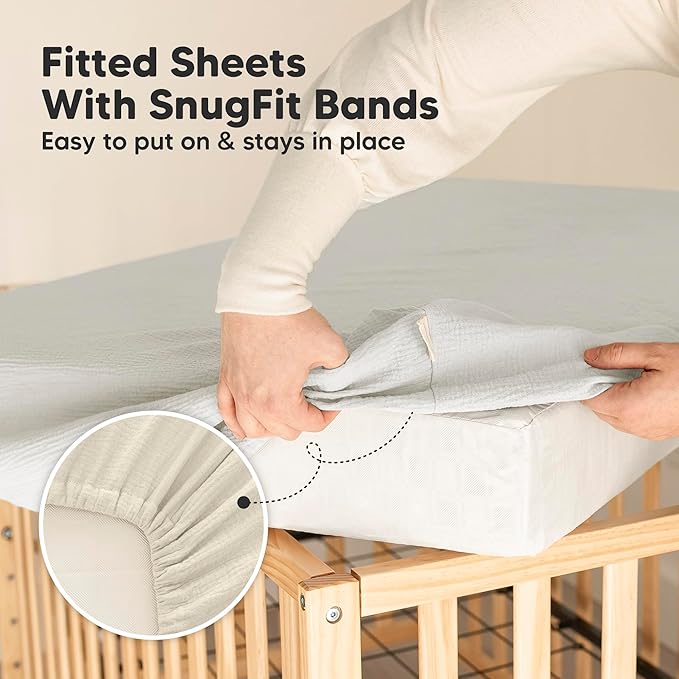 KeaBabies 2-Pack Muslin Crib Sheets for Boys, Girls - 100% Organic Cotton Fitted Baby Crib Mattress Sheet, Soft Breathable Standard Toddler Bed Cover Bedding Set, Neutral, Durable 52x28 (Greige)-BubblyBeeBaby