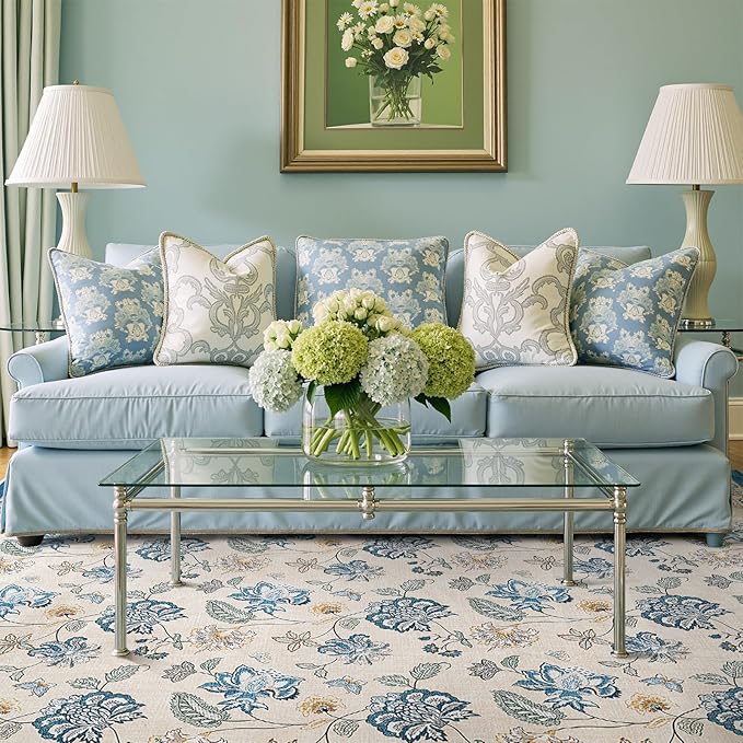 jinchan 8x10 Floral Rug for Living Room Washable Bedroom Rug Vintage Romance Design Non Slip Thin Indoor Floor Cover Large Low-Profile Throw Carpet for Dining Room Office, Blue/Beige-BubblyBeeBaby