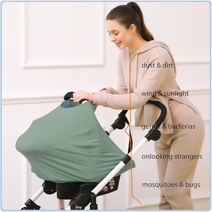 Car Seat Covers Baby - Multi-use Cover Carseat Canopy, Breathable Breastfeeding Cover, Car Seat Covers for Bbies, Boys & Girls Shower Gifts (Light Green)-BubblyBeeBaby