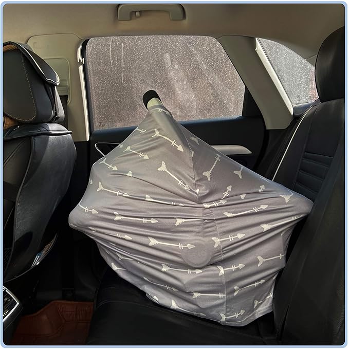 Nursing Carseat Canopy Breastfeeding Cover - Multi-use Stretchy Car Seat Covers for Babies, Baby Shower Gifts (Grey Arrows)-BubblyBeeBaby