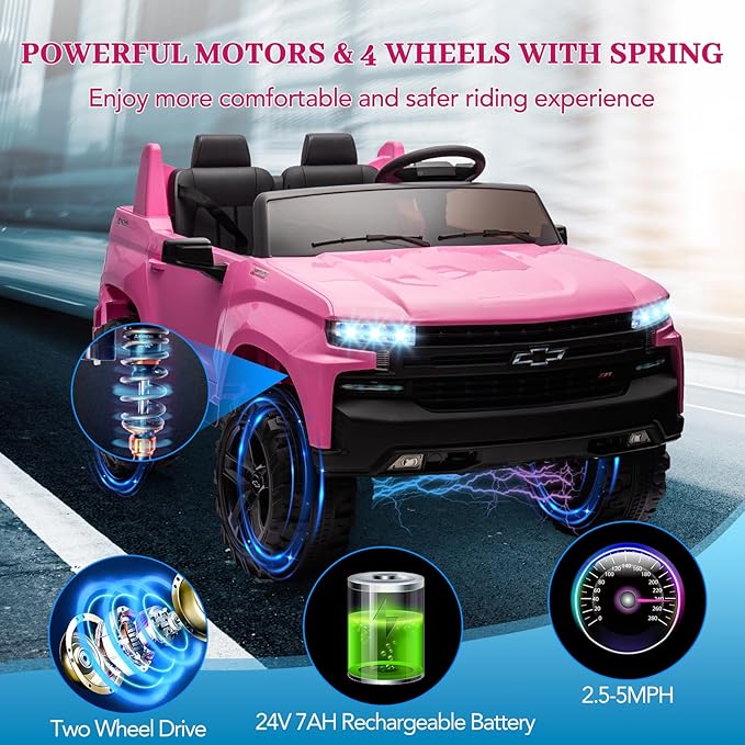 Hetoy 24V 2-Seater Truck Licensed Chevrolet Silverado Ride On Car Toy w/Parent Remote Control,4xSpring Suspension, 3 Speeds, Wireless Music, MP3 Player, Electric Vehicle Car for Kids, Pink-BubblyBeeBaby