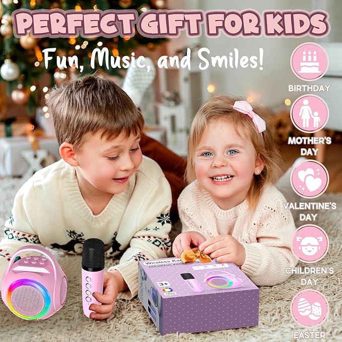 Hockvill Mini Karaoke Machine for Kids with Microphone, Bluetooth Toddler Karaoke Toy with LED Lights, Rechargeable Portable Speaker for Girls & Boys Ages 3-10, Children’s Day & Birthday Gift Ideas-BubblyBeeBaby