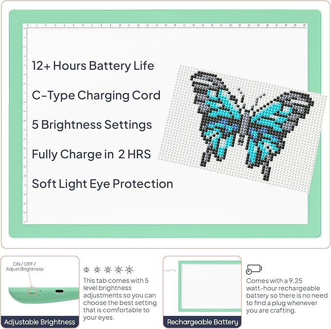 iVyne Rechargeable A4 Light Pad for Diamond Painting & Art Projects – LED Light Board with Diamond Art Accessories – Ultra-Thin & Portable Diamond Dot Light Board, Perfect for Artists - Green-BubblyBeeBaby