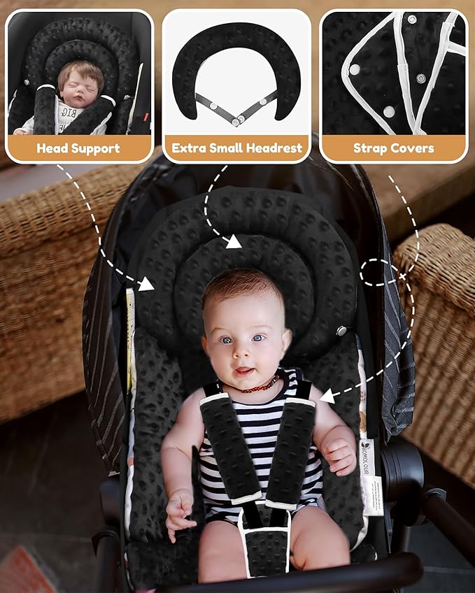 Infant Car Seat Insert with Removable Cushion for Baby Preemie Newborn Infant, Reversible carseat Insert Head Body Support Fits for Stroller, Baby Swing, Rocker, Bouncer, Bassinet - Black-BubblyBeeBaby