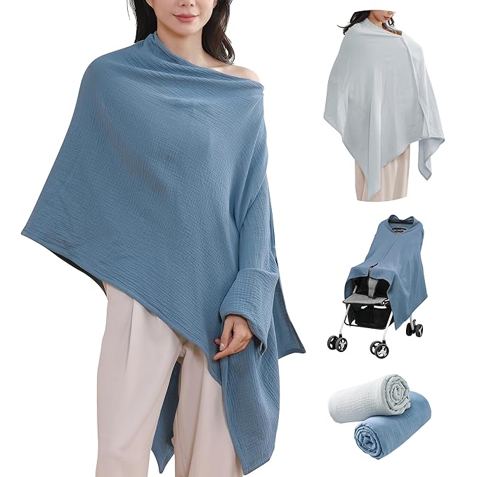 2-Pack Nursing Covers for Breastfeeding, 100% Organic Cotton Muslin Breastfeeding Cover, Multi-Use Nursing Scarf, Car Seat Canopy, Stroller Cover, Soft Breathable Baby Blanket Grey-BubblyBeeBaby