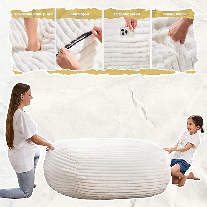 Hobestluk 4FT Bean Bag Chairs Adult Bean Bag with Portable Handle Comfy Large Bean Bag Chair with Removable Cover for Living Room Bedroom or Reading Nook (Stripe White, 4FT)-BubblyBeeBaby